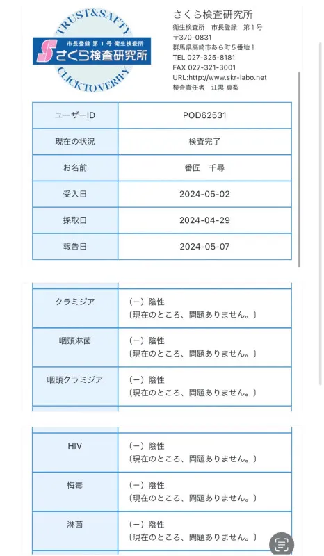 「性病検査結果の報告」